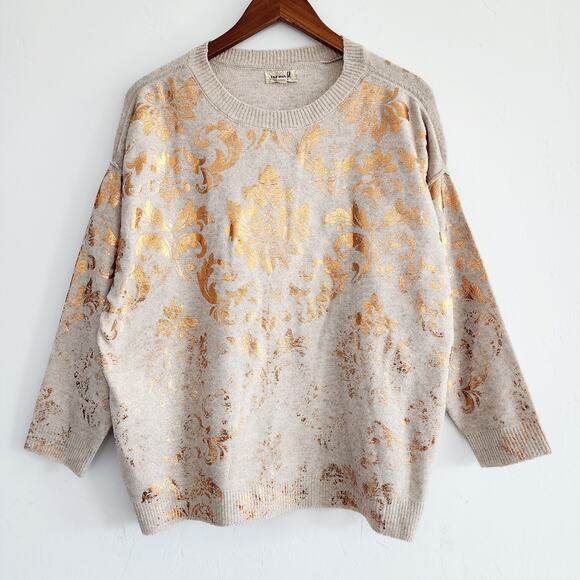 Oversized Cream Beige Metallic Rose Gold Leaf Print Sweatshirt Size Small - Picture 1 of 5
